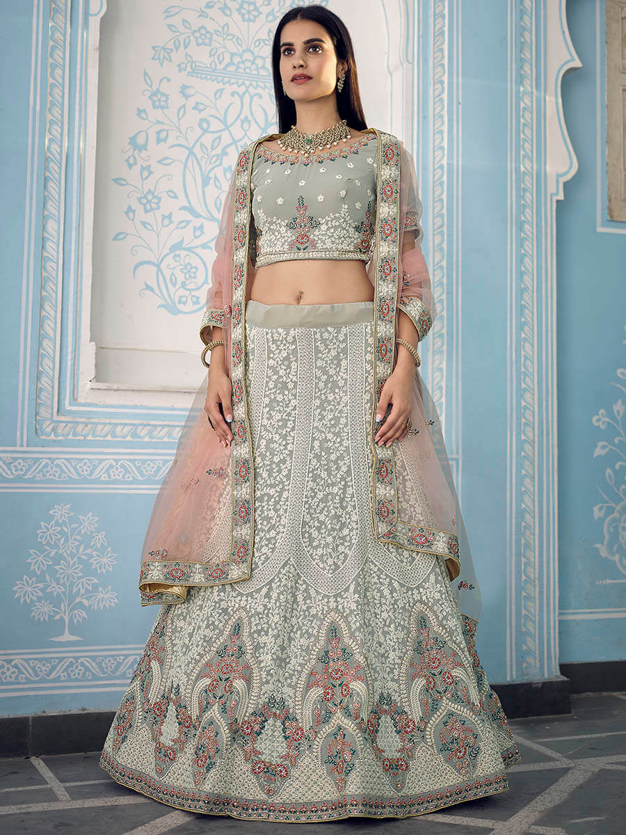 Myra Grey Gorgette Embroidered Lehenga | Grocsy