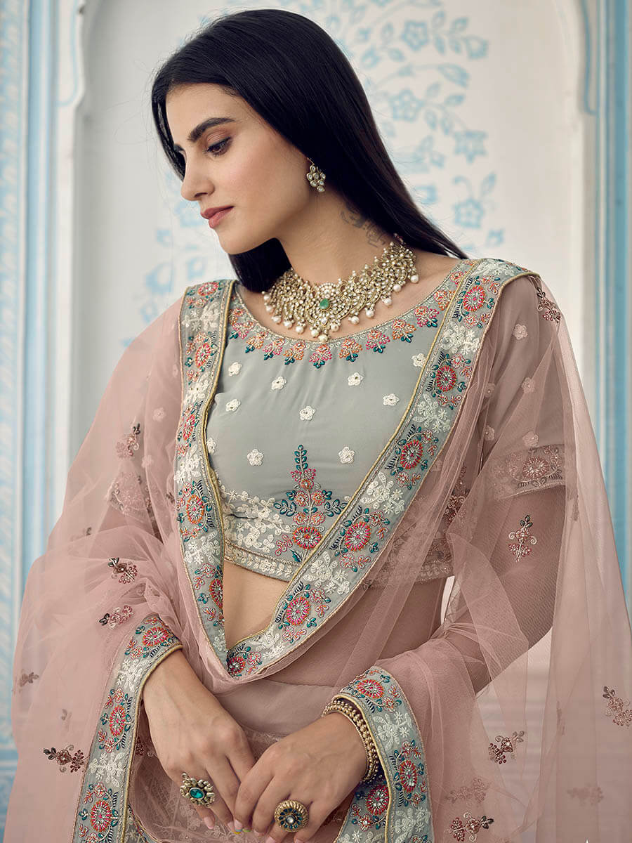 Myra Grey Georgette Embroidered Lehenga | Grocsy