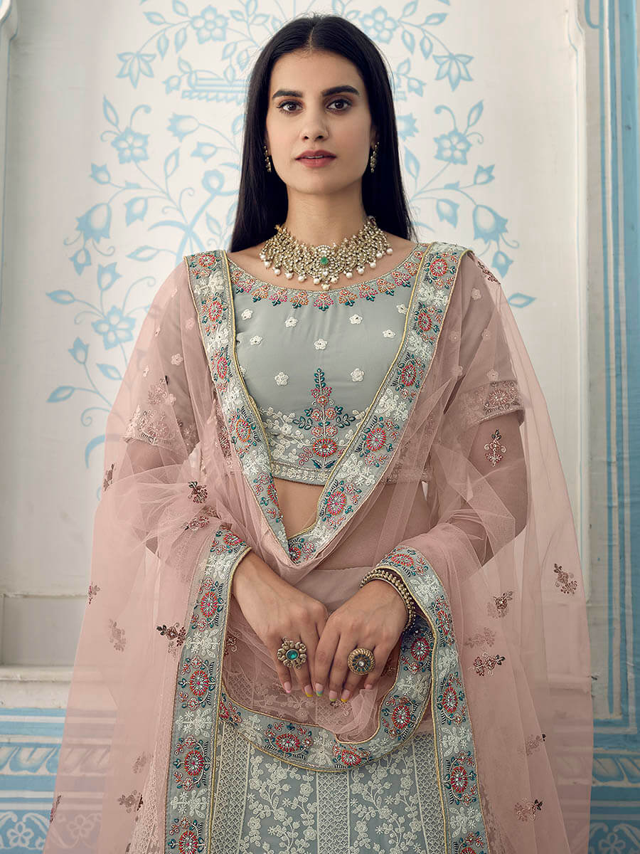 Myra Grey Georgette Embroidered Lehenga | Grocsy