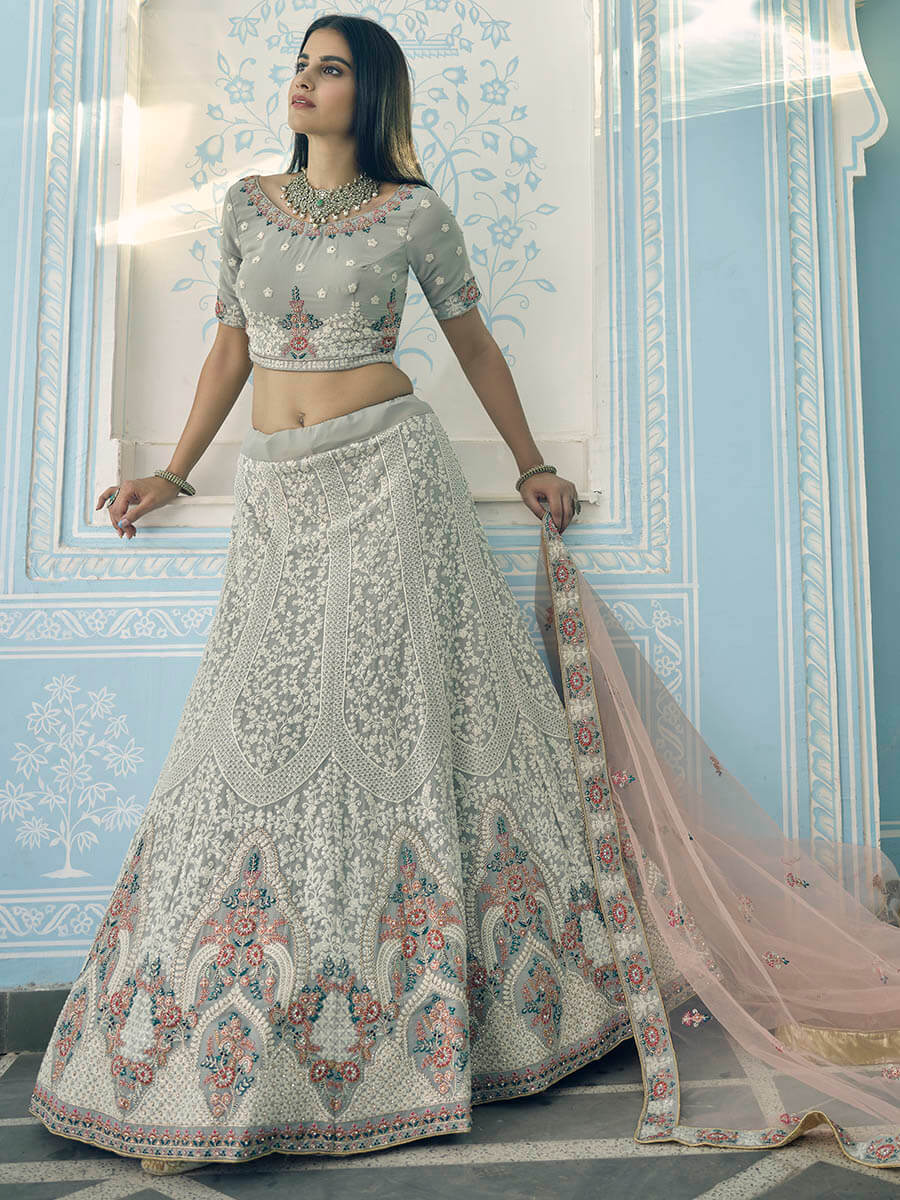 Myra Grey Georgette Embroidered Lehenga | Grocsy