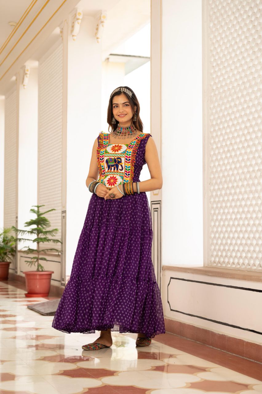 Prazu Fashion Purple Georgette Bandhani Print Work With Kutchi Patch work Navaratri Gown | Grocsy