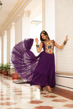 Prazu Fashion Purple Georgette Bandhani Print Work With Kutchi Patch work Navaratri Gown | Grocsy