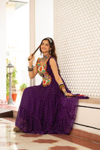 Prazu Fashion Purple Georgette Bandhani Print Work With Kutchi Patch work Navaratri Gown | Grocsy