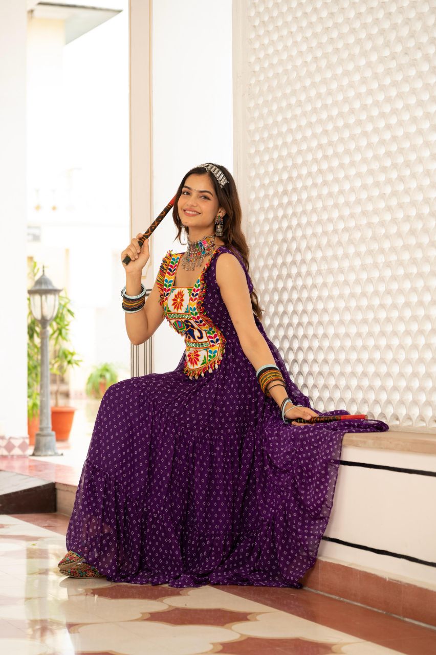 Prazu Fashion Purple Georgette Bandhani Print Work With Kutchi Patch work Navaratri Gown | Grocsy