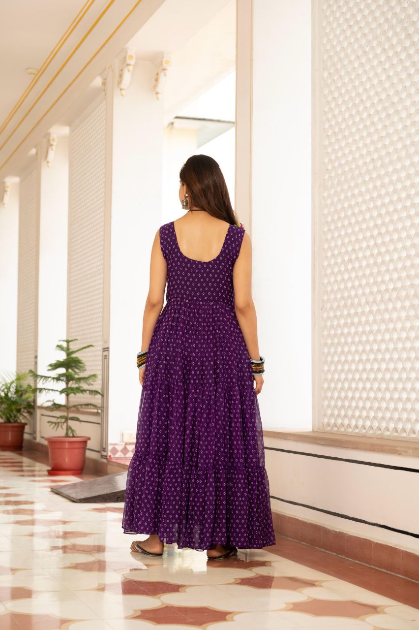 Prazu Fashion Purple Georgette Bandhani Print Work With Kutchi Patch work Navaratri Gown | Grocsy