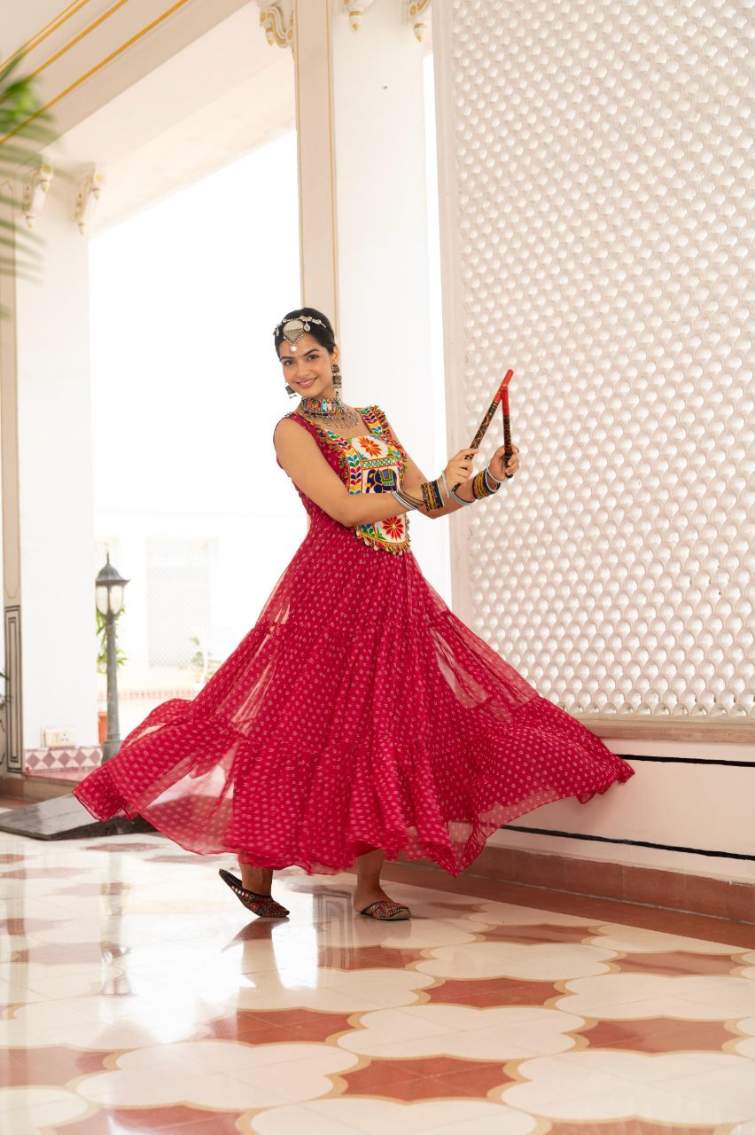 Prazu Fashion Red Georgette Bandhani Print Work With Kutchi Patch work Navaratri Gown | Grocsy