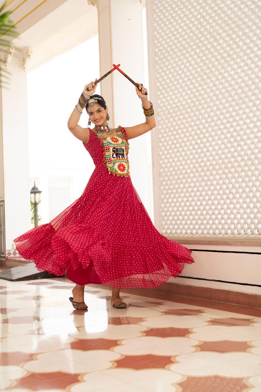 Prazu Fashion Red Georgette Bandhani Print Work With Kutchi Patch work Navaratri Gown | Grocsy