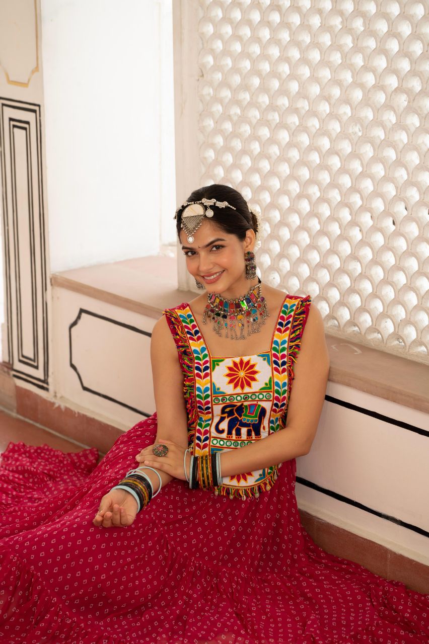 Prazu Fashion Red Georgette Bandhani Print Work With Kutchi Patch work Navaratri Gown | Grocsy