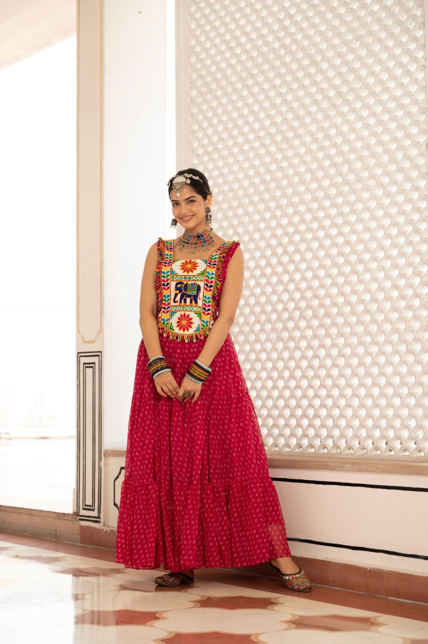 Prazu Fashion Red Georgette Bandhani Print Work With Kutchi Patch work Navaratri Gown | Grocsy