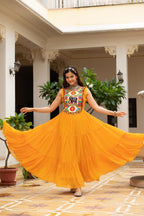 Prazu Fashion Yellow Georgette Bandhani Print Work With Kutchi Patch work Navaratri Gown | Grocsy