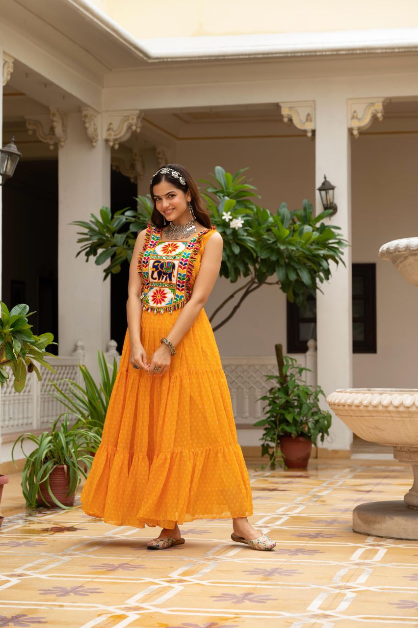 Prazu Fashion Yellow Georgette Bandhani Print Work With Kutchi Patch work Navaratri Gown | Grocsy