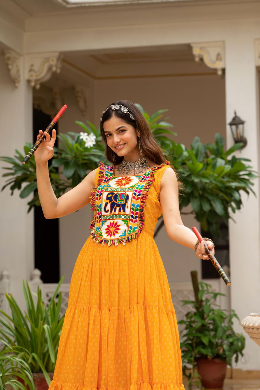 Prazu Fashion Yellow Georgette Bandhani Print Work With Kutchi Patch work Navaratri Gown | Grocsy