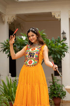 Prazu Fashion Yellow Georgette Bandhani Print Work With Kutchi Patch work Navaratri Gown | Grocsy