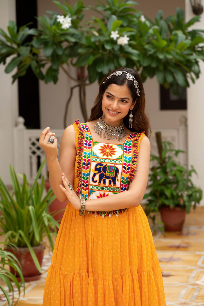 Prazu Fashion Yellow Georgette Bandhani Print Work With Kutchi Patch work Navaratri Gown | Grocsy