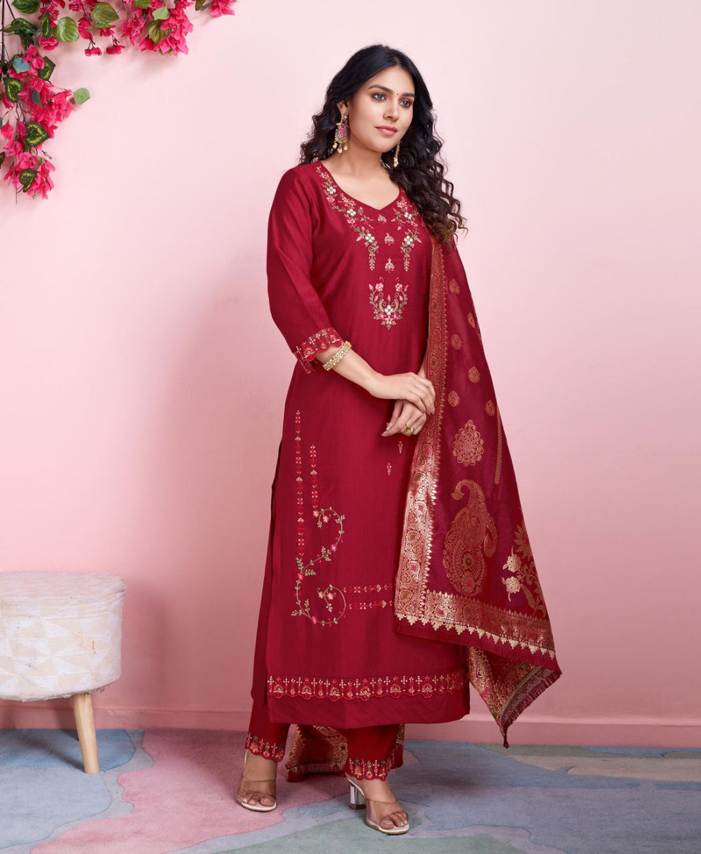 Prazu Fashion Red Viscose Silk Embroidered Salwar Suit | Grocsy
