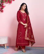 Prazu Fashion Red Viscose Silk Embroidered Salwar Suit | Grocsy