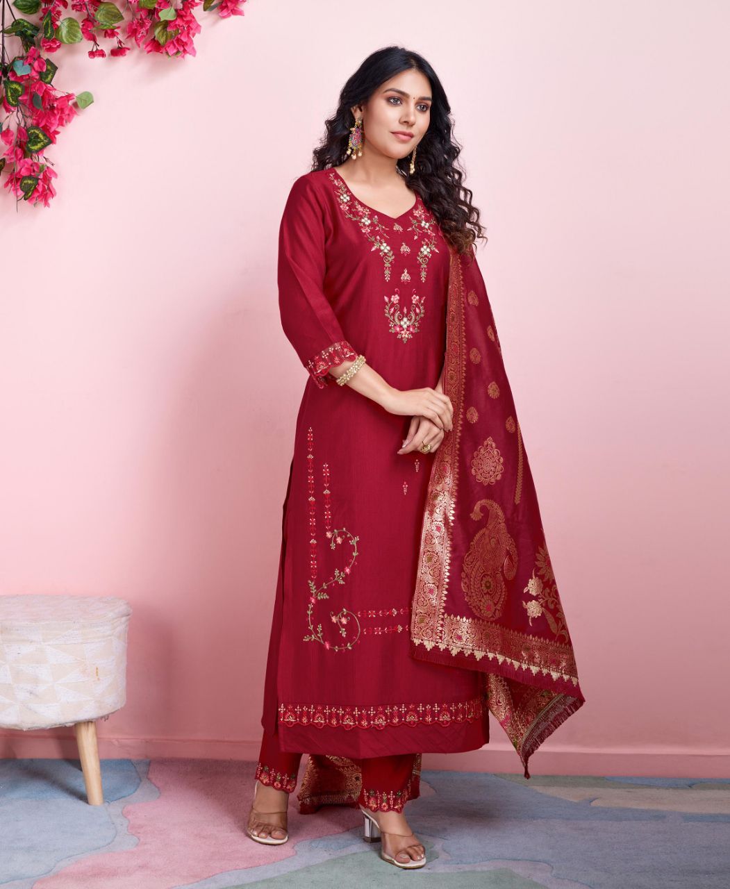 Prazu Fashion Red Viscose Silk Embroidered Salwar Suit | Grocsy