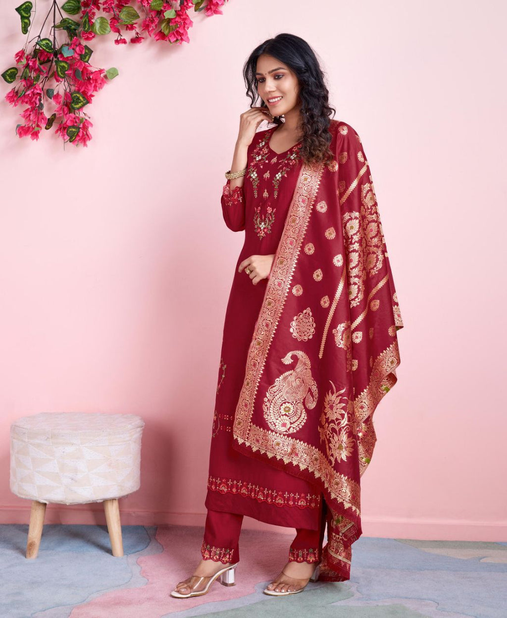 Prazu Fashion Red Viscose Silk Embroidered Salwar Suit | Grocsy