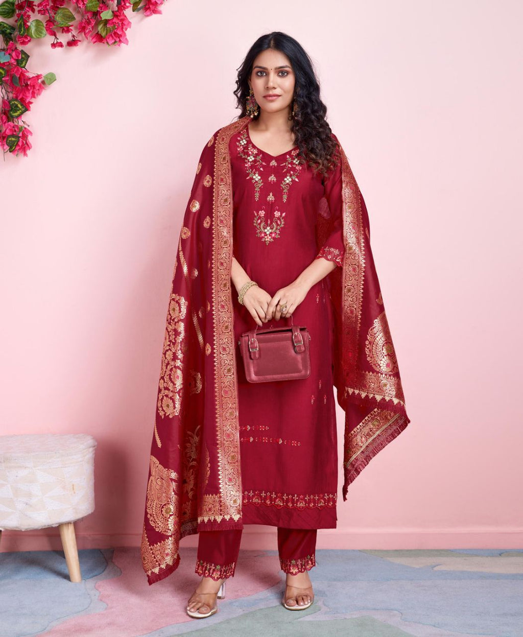 Prazu Fashion Red Viscose Silk Embroidered Salwar Suit | Grocsy
