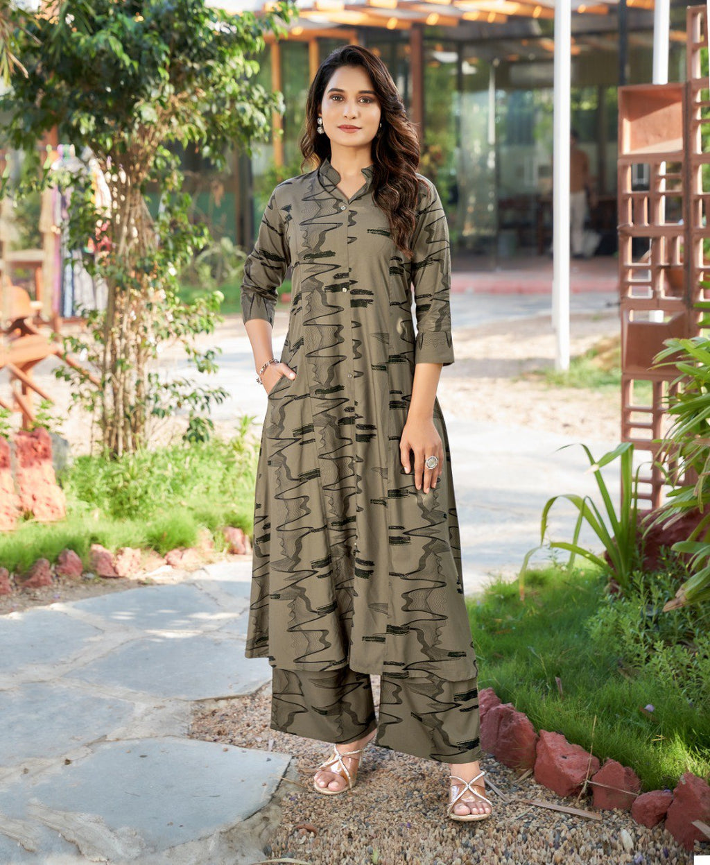 Prazu Fashion Beige Reyon Cotton Print Kurti With Pant | Grocsy