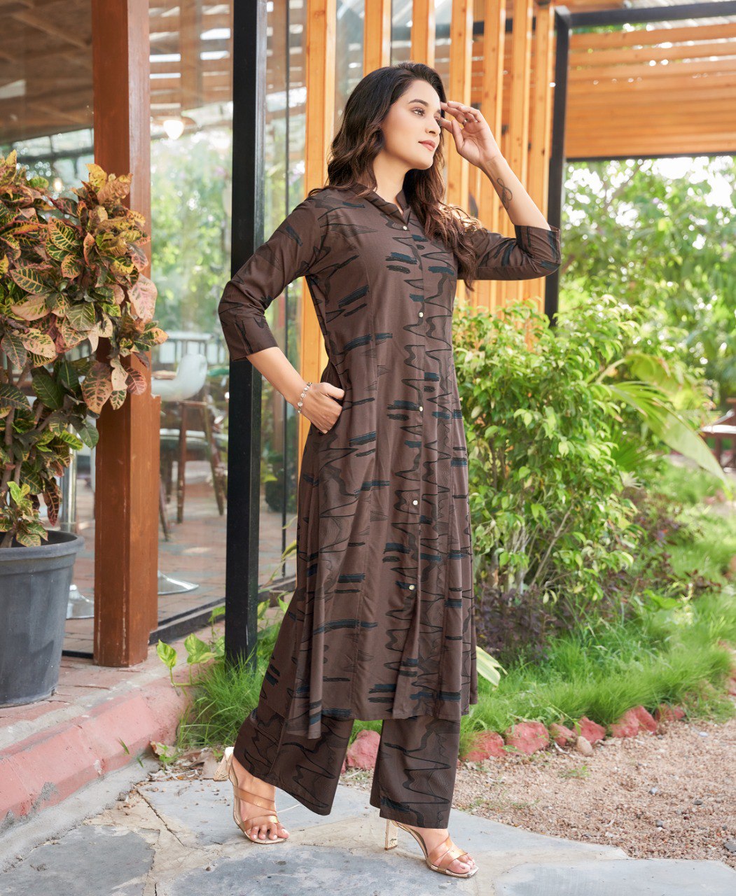 Prazu Fashion Brown Reyon Cotton Print Kurti With Pant | Grocsy