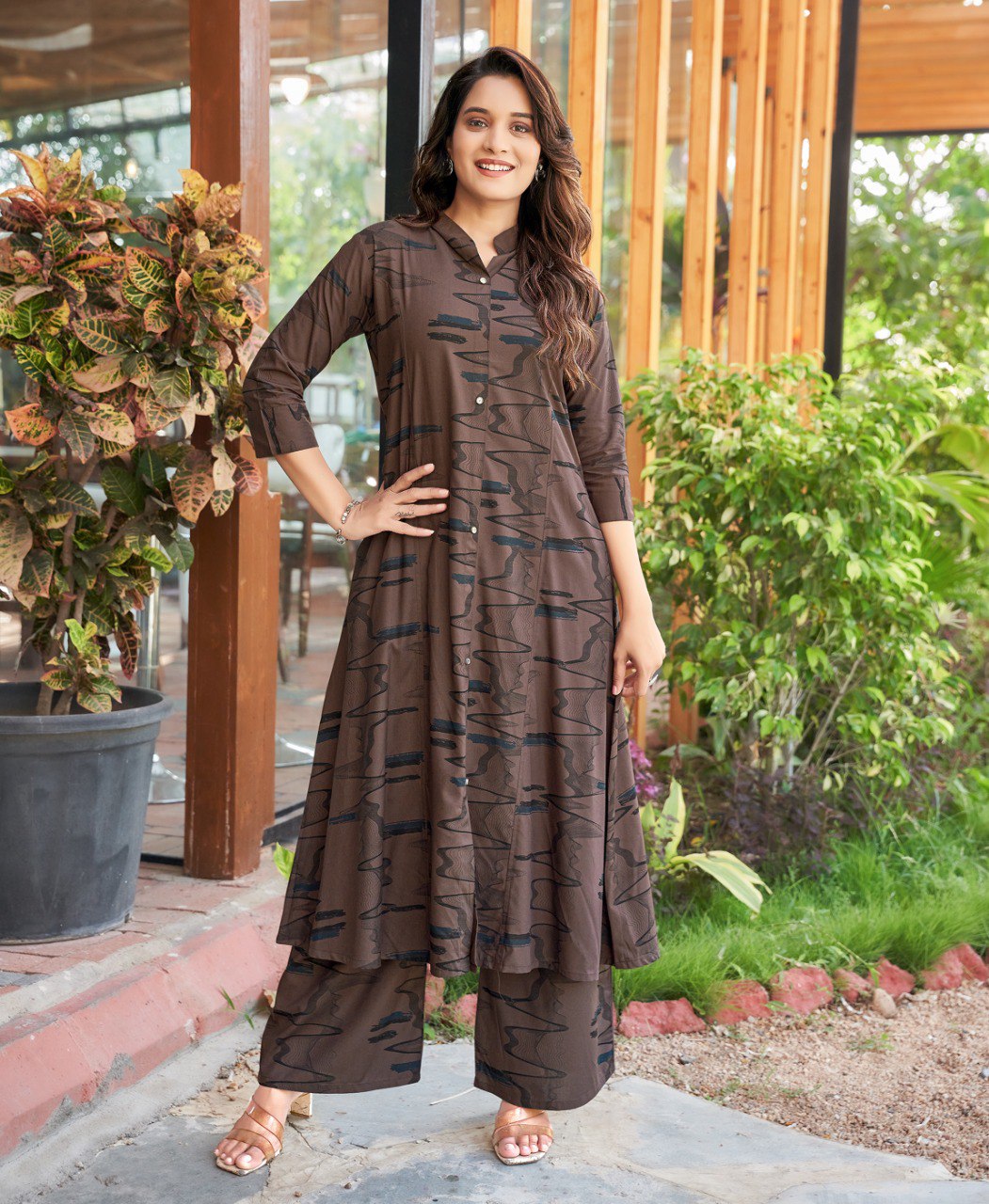 Prazu Fashion Brown Reyon Cotton Print Kurti With Pant | Grocsy