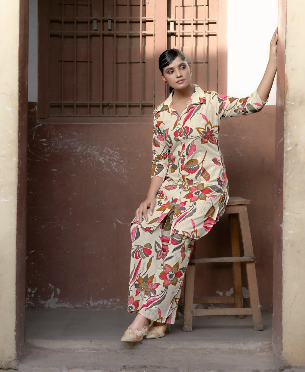 Prazu Fashion Cream Khadi Cotton Floral Printed Co-Ord Set | Grocsy
