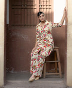 Prazu Fashion Cream Khadi Cotton Floral Printed Co-Ord Set | Grocsy