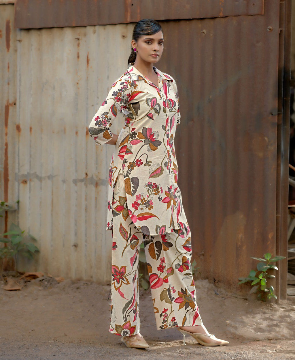 Prazu Fashion Cream Khadi Cotton Floral Printed Co-Ord Set | Grocsy
