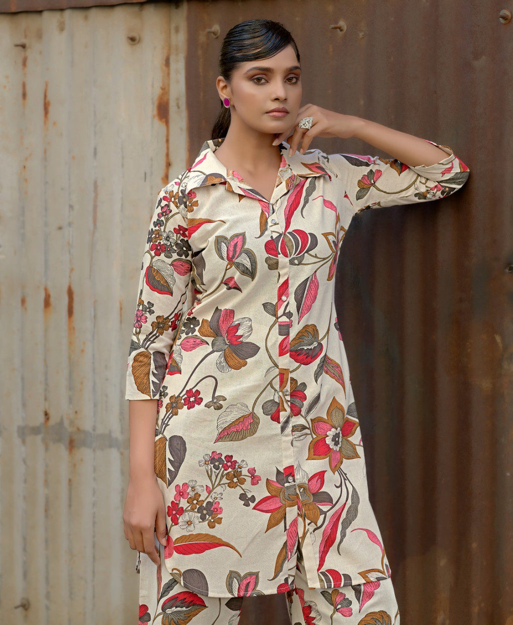 Prazu Fashion Cream Khadi Cotton Floral Printed Co-Ord Set | Grocsy