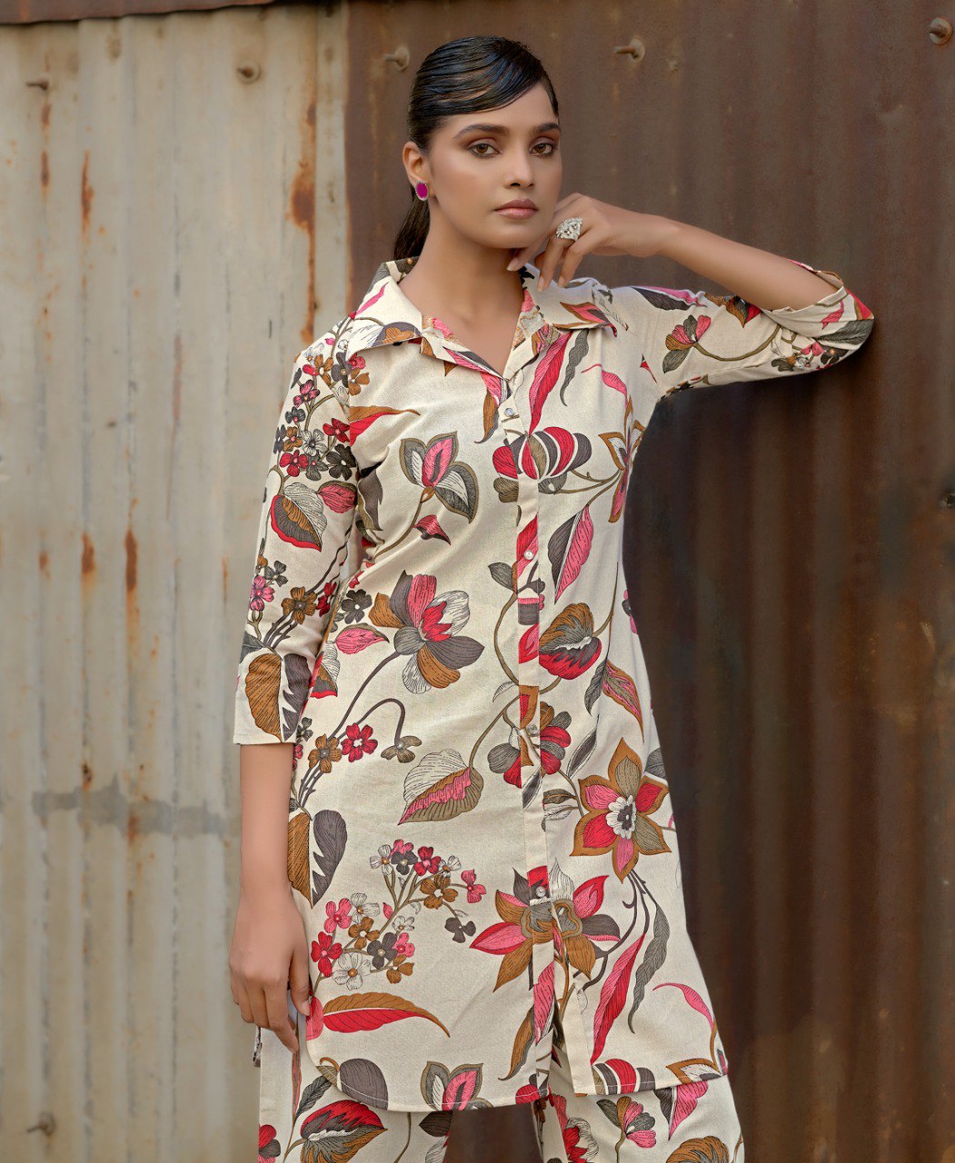 Prazu Fashion Cream Khadi Cotton Floral Printed Co-Ord Set | Grocsy