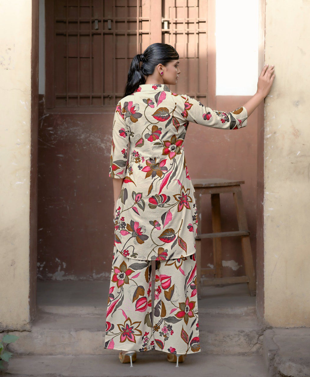 Prazu Fashion Cream Khadi Cotton Floral Printed Co-Ord Set | Grocsy