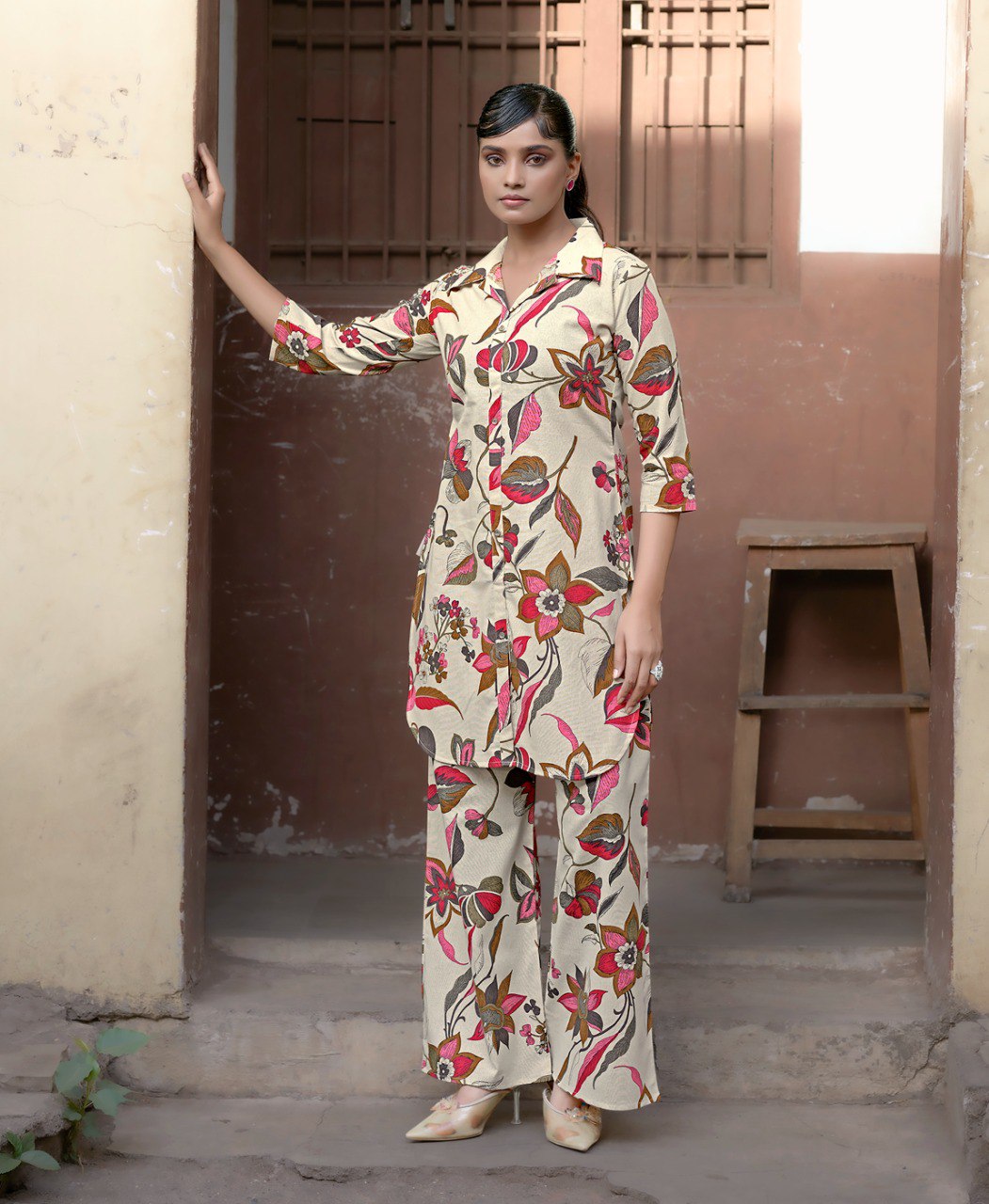 Prazu Fashion Cream Khadi Cotton Floral Printed Co-Ord Set | Grocsy
