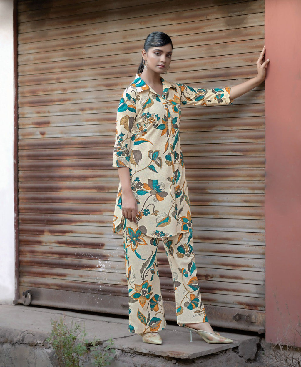 Prazu Fashion Cream Khadi Cotton Floral Printed Co-Ord Set | Grocsy