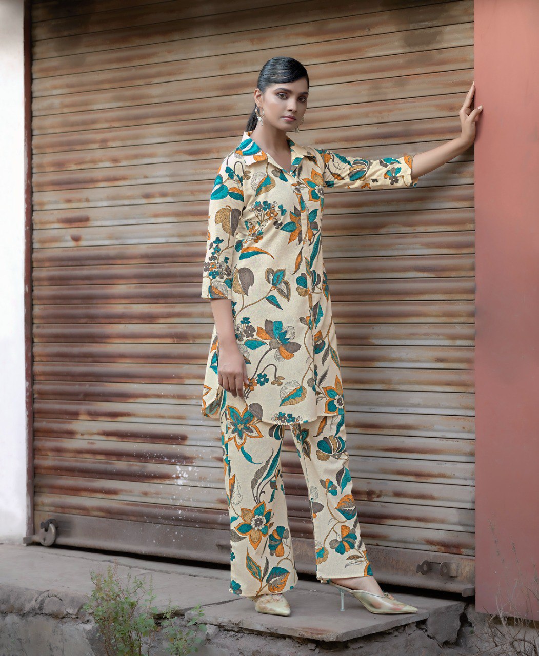 Prazu Fashion Cream Khadi Cotton Floral Printed Co-Ord Set | Grocsy