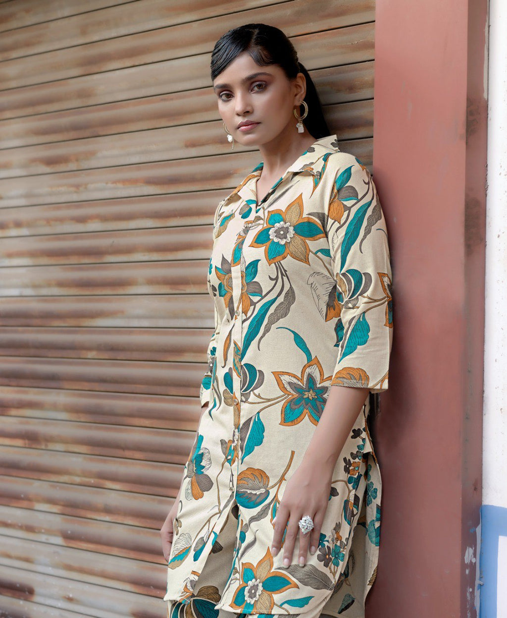Prazu Fashion Cream Khadi Cotton Floral Printed Co-Ord Set | Grocsy