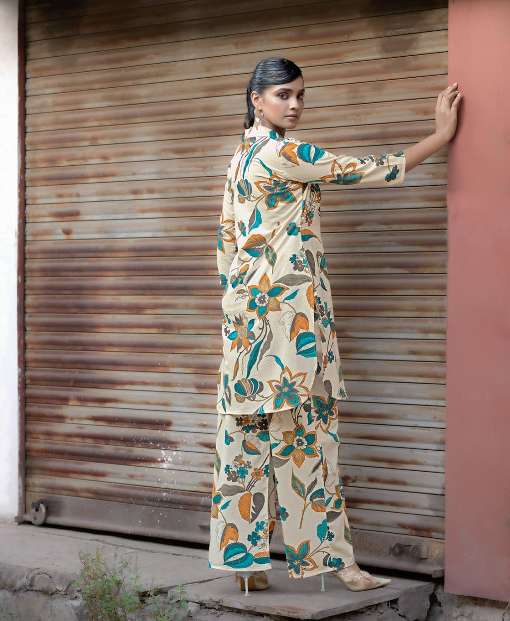 Prazu Fashion Cream Khadi Cotton Floral Printed Co-Ord Set | Grocsy