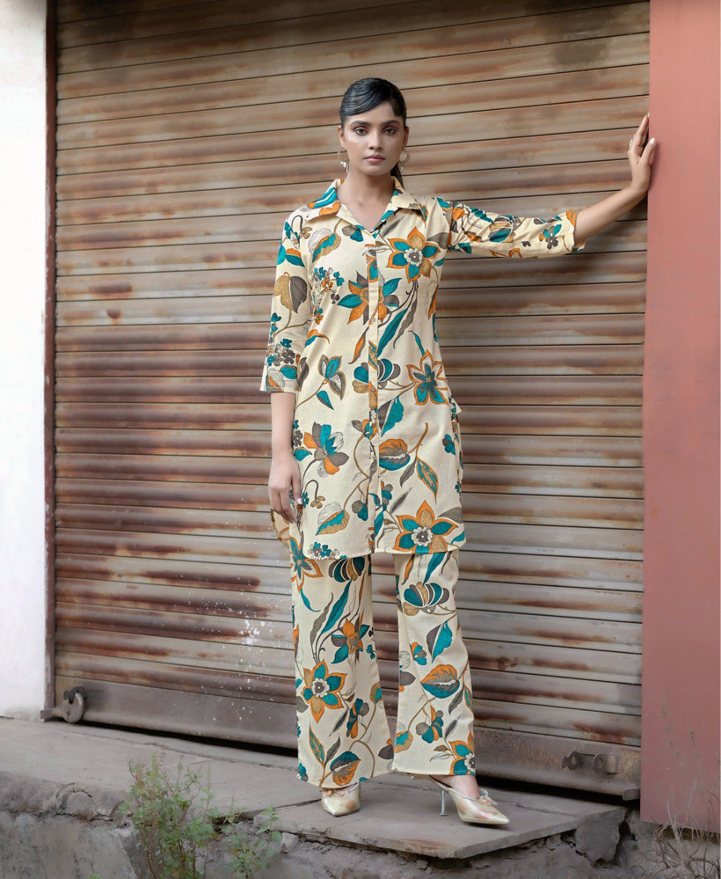 Prazu Fashion Cream Khadi Cotton Floral Printed Co-Ord Set | Grocsy