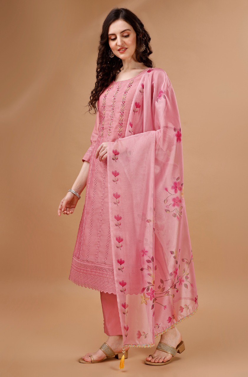 Prazu Fashion Preach Chanderi Silk Chikankari Bored Salwar Suit | Grocsy