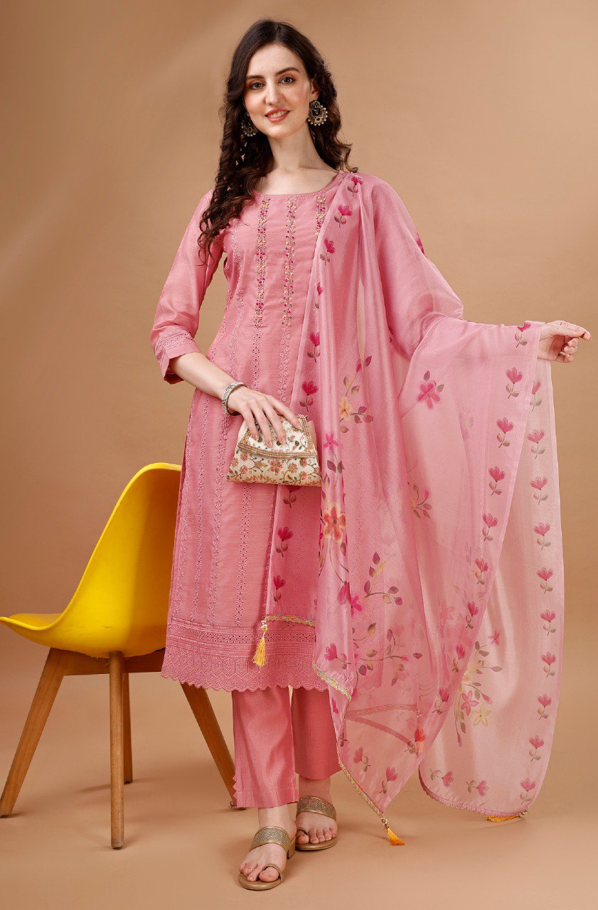 Prazu Fashion Preach Chanderi Silk Chikankari Bored Salwar Suit | Grocsy