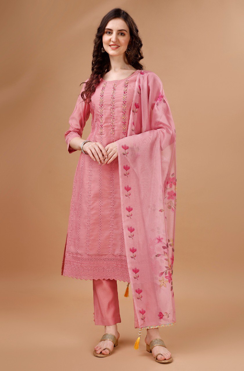 Prazu Fashion Preach Chanderi Silk Chikankari Bored Salwar Suit | Grocsy