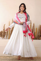 Prazu Fashion White Vichitra Silk Embroidered Gown With Dupatta | Grocsy
