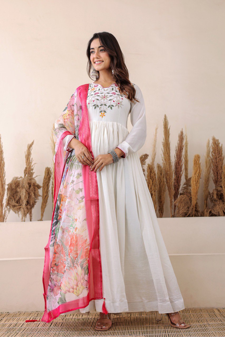 Prazu Fashion White Vichitra Silk Embroidered Gown With Dupatta | Grocsy