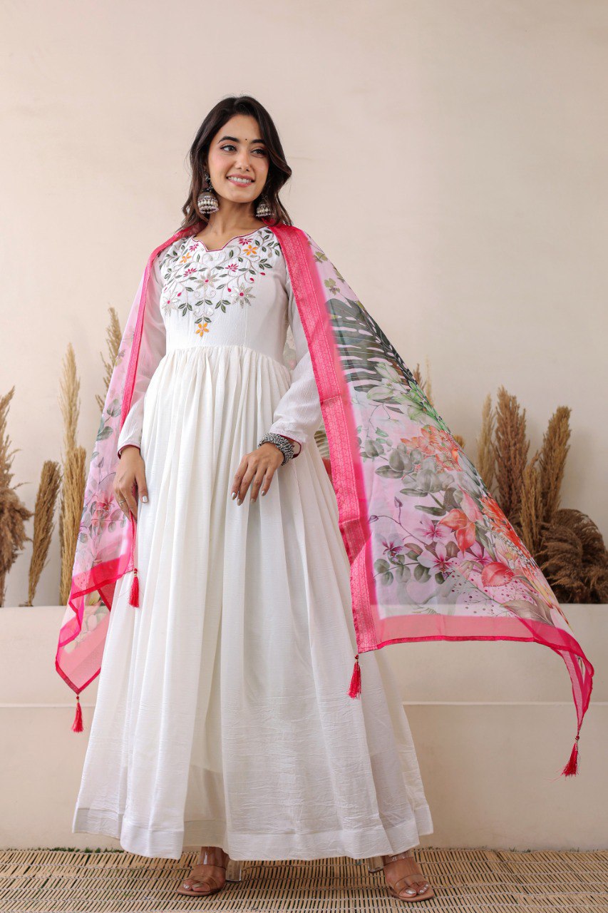 Prazu Fashion White Vichitra Silk Embroidered Gown With Dupatta | Grocsy