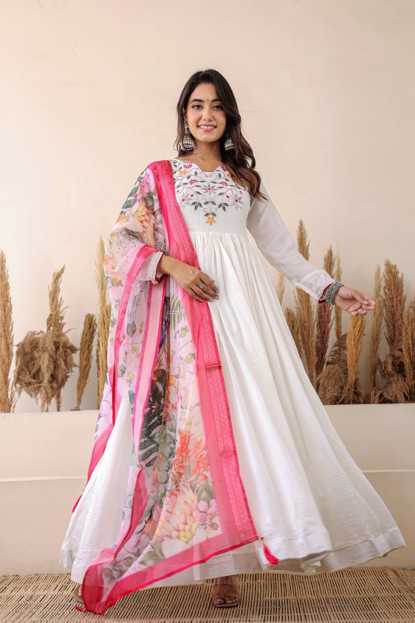 Prazu Fashion White Vichitra Silk Embroidered Gown With Dupatta | Grocsy