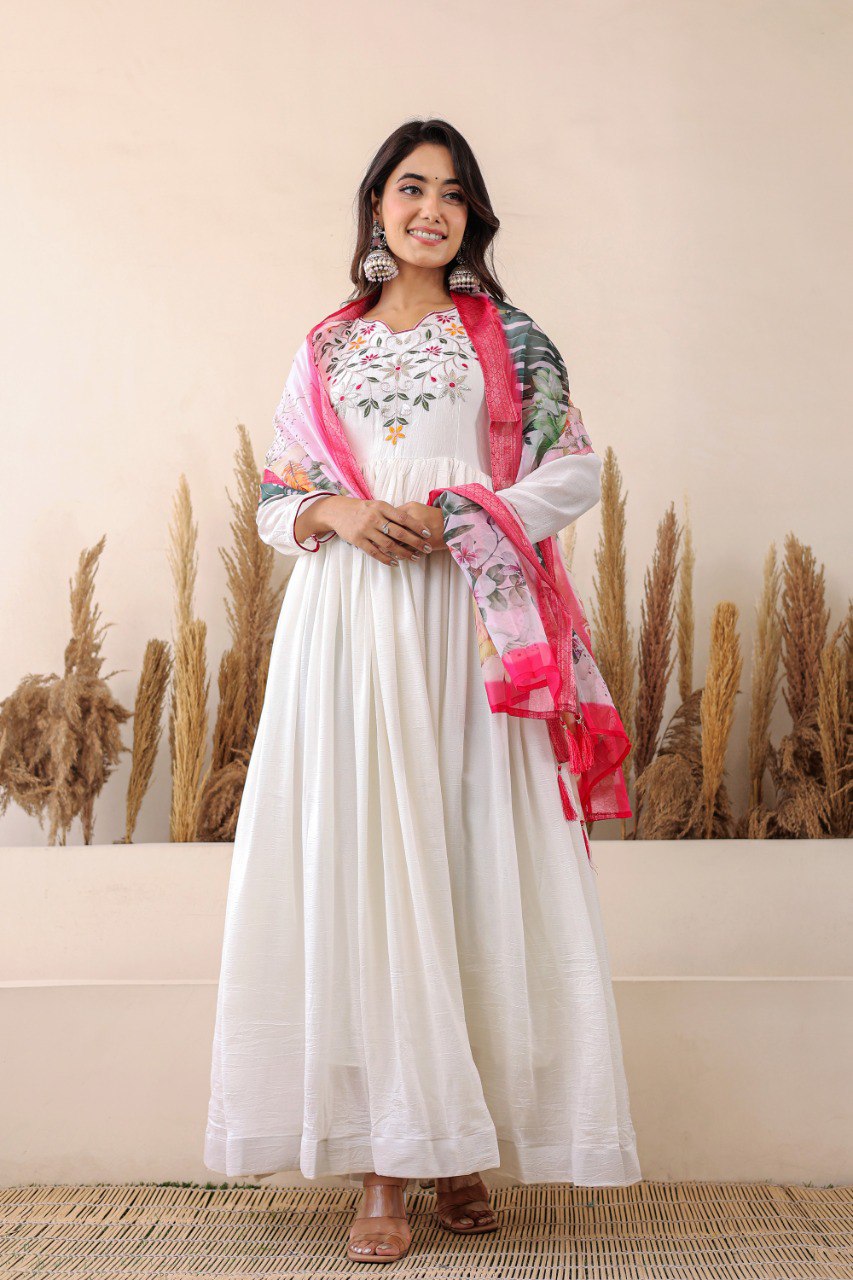 Prazu Fashion White Vichitra Silk Embroidered Gown With Dupatta | Grocsy