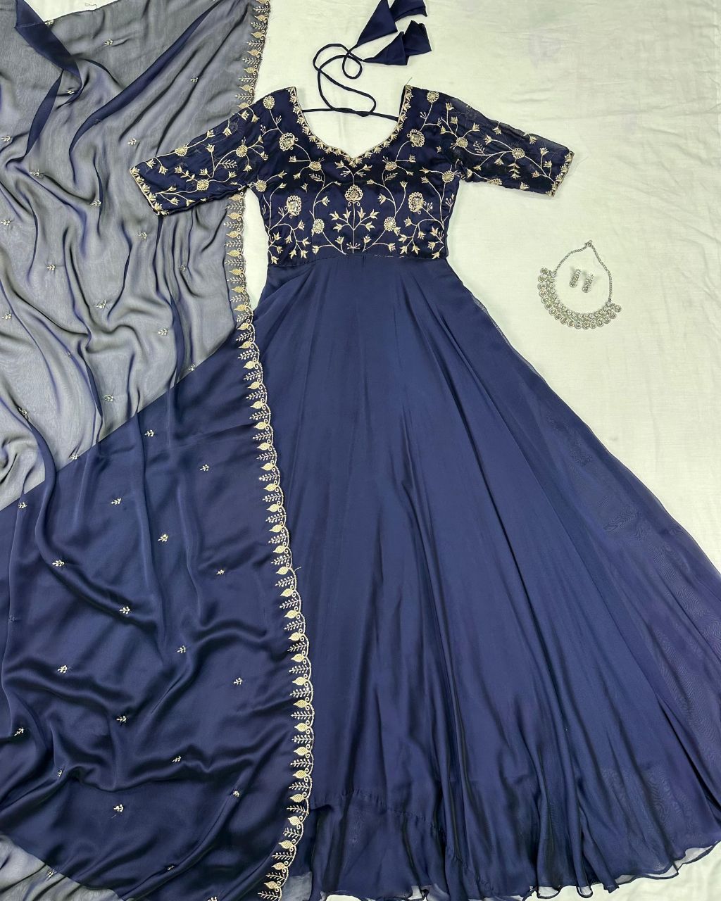 Prazu Fashion Blue Silk Embroidred Gown With Dupatta | Grocsy