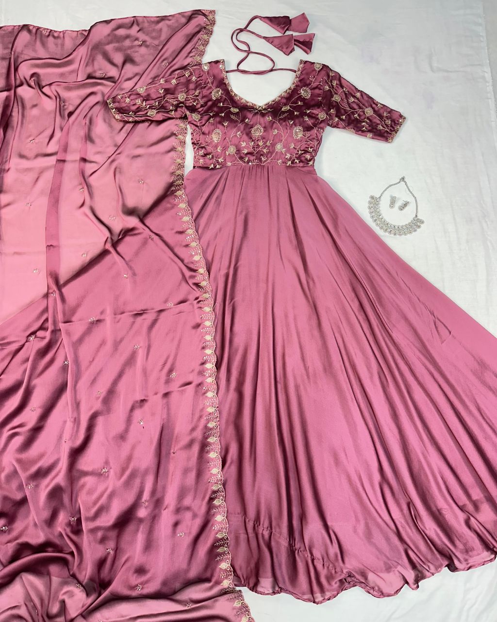 Prazu Fashion Onion Pink Silk Embroidered Gown With Dupatta | Grocsy