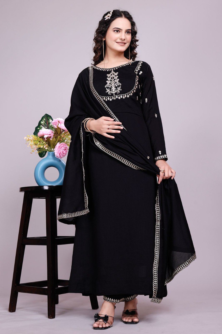 Prazu Fashion Black Vichitra Silk Embroidered Salwar Suit | Grocsy