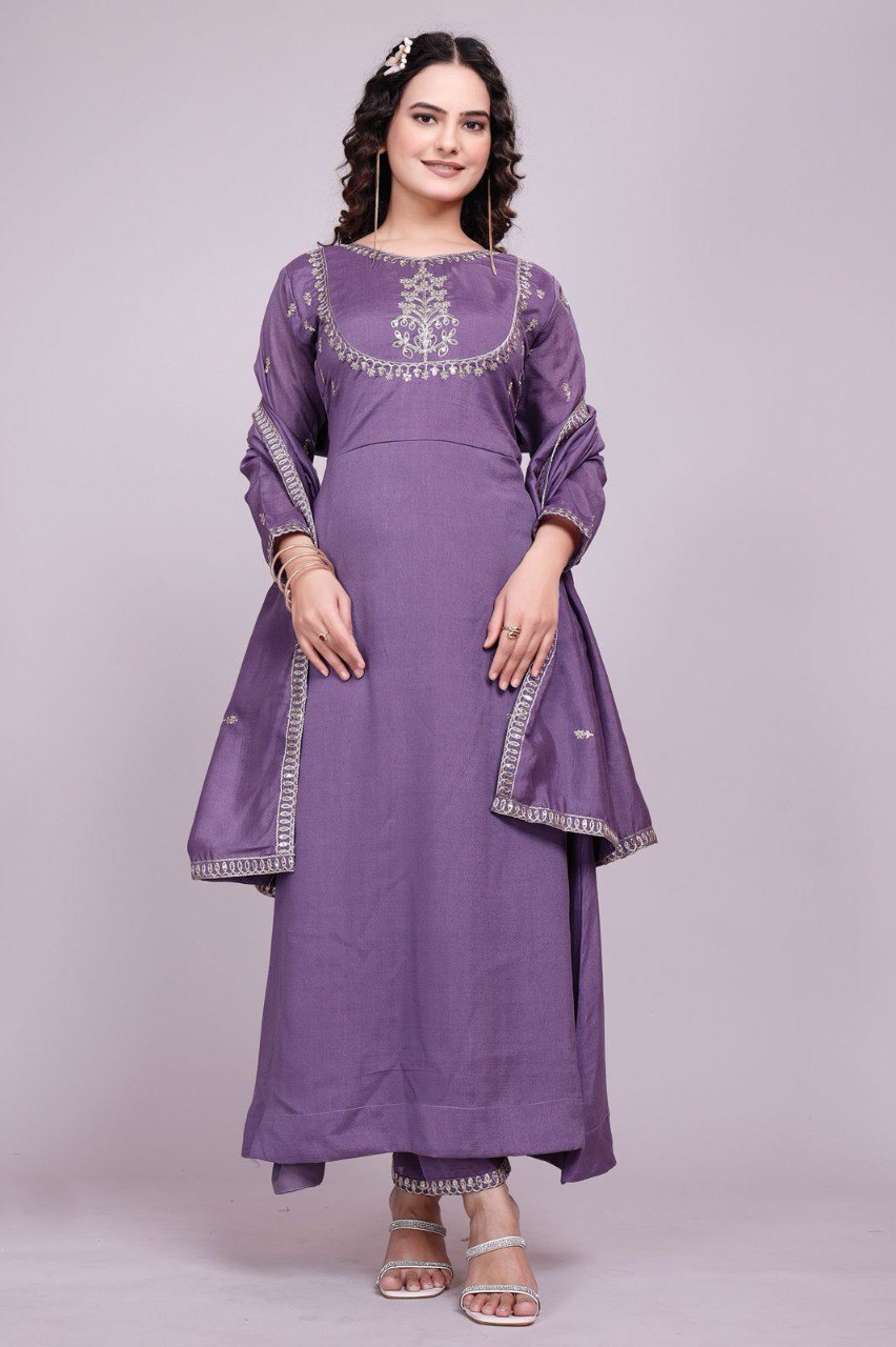 Prazu Fashion Lavender Vichitra Silk Embroidered Salwar Suit | Grocsy